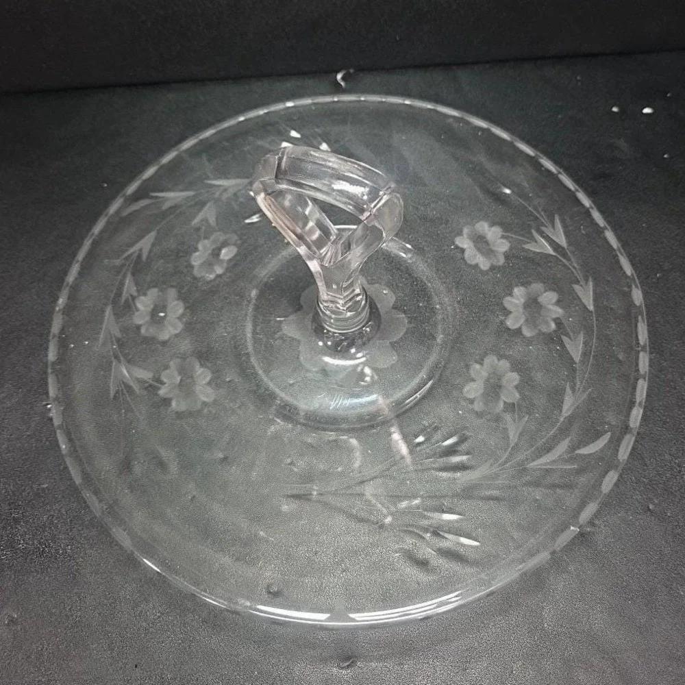 Etched Floral Tidbit Tray, Vintage Center Handle Sandwich Plate, Clear Glassware